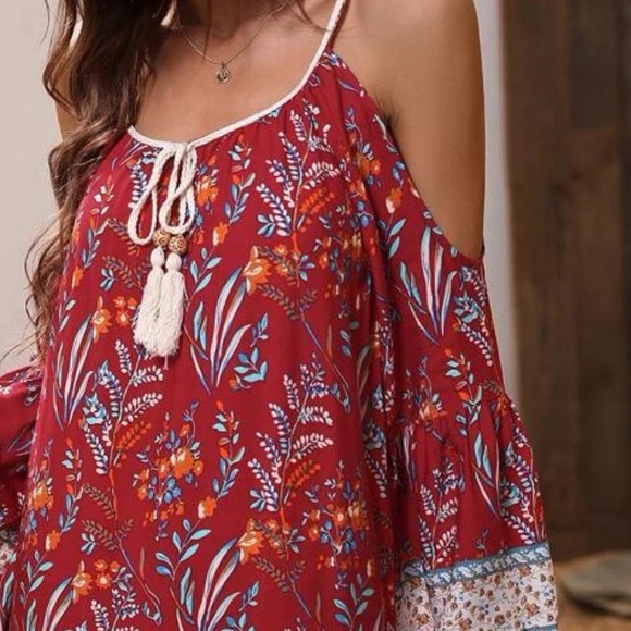 Boho Gypsy Floral Print Tassel Cold Off Drop Shoulder Dress - Picture 6 of 15